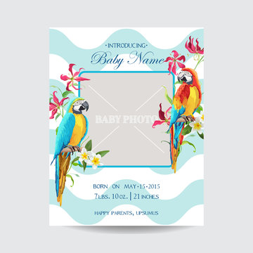 Baby Arrival Card with Photo Frame - Tropical Flowers and Parrots