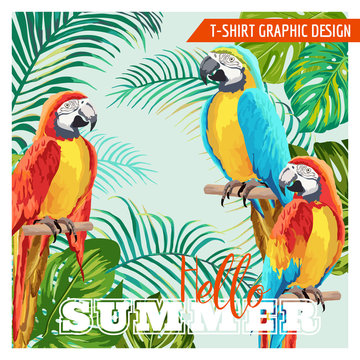 Tropical Graphic Design. Parrot Birds and Tropical Flowers. T-shirt