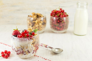 Granola parfait with berry fruit and cream.