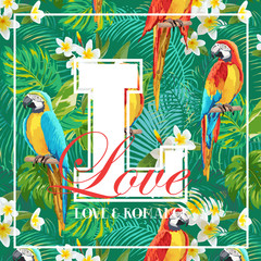 Vintage Tropical Leaves, Flowers and Parrot Bird Graphic Design