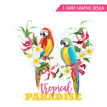 Tropical Graphic Design. Parrot Bird and Tropical Flowers. T-shirt Graphic