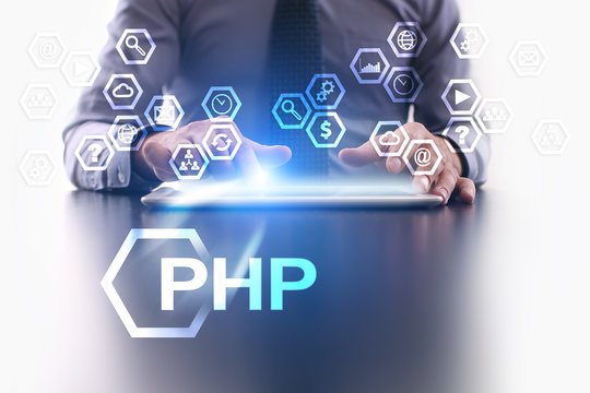 Businessman is using tablet pc and selecting PHP icon.