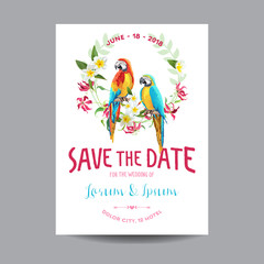 Save the Date. Wedding Card.  Tropical Flowers and Parrot Bird.