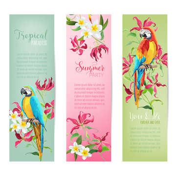 Tropical Flowers and Parrot Birds Banners and Tags - Vintage Cards