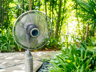 The  electric table fan in the garden