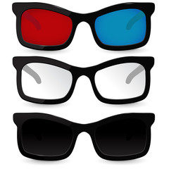 Set of glasses. Eyeglasses, sunglasses, 3D glasses for cinema