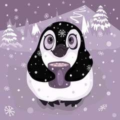 Cute Winter Cartoon Penguin with Mug of Drink with Marshmallows Looking at Falling Snow