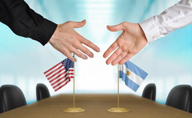 United States and Argentina diplomats shaking hands to agree deal, part 3D rendering