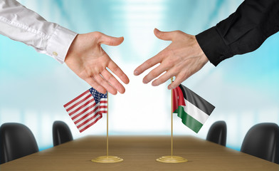 United States and Jordan diplomats shaking hands to agree deal, part 3D rendering
