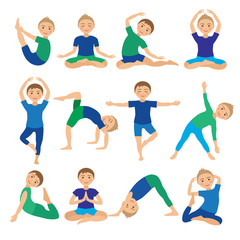 Kids Yoga Poses Vector Illustration. Child doing exercises. Posture for Kid. Healthy Children Lifestyle. Babies gymnastics. Sports Boys on White Background. Oriental Meditation and Relaxation.