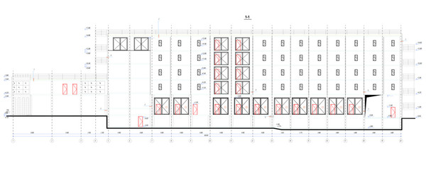 Architectural section of a five-story building with a basement