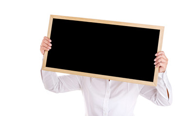 Portrait of Asian woman show the black board isolated isolated o