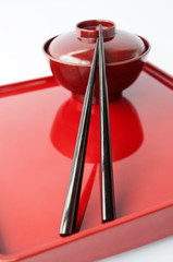 Chinese plate and chopsticks on tray