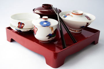 Chinese plate and chopsticks on tray