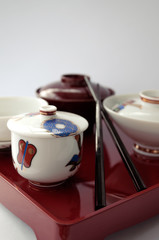 Chinese plate and chopsticks on tray