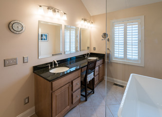 Modern bathroom with freestanding tub and vanity