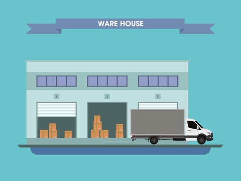 Truck on the background of the warehouse with the goods. Vector illustration