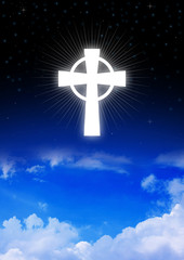 Cross of Christianity symbol on night sky
