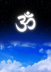 Aum or Om symbol of Hinduism on night sky
