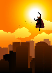 Cartoon silhouette of a superhero flying on cityscape © rudall30