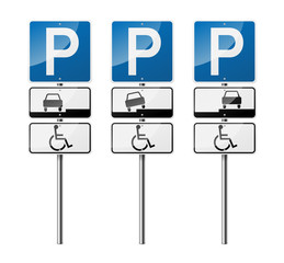 Set of 3 road signs, isolated on white background. Disabled parking. EPS10 vector illustration.