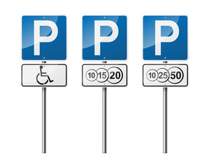 Set of 3 road signs, isolated on white background. Paid parking. EPS10 vector illustration.