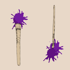 Set of artistic brushes and violet paint stains on pastel background. Cartoon sketch drawn by ink. Hand drawn vector illustration.
