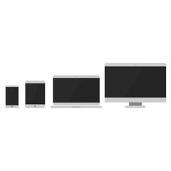 Device Icons: smartphone, tablet, laptop and desktop computer. Flat design