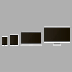 Device Icons: smartphone, tablet, laptop and desktop computer. Flat design