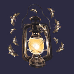 Fototapeta na wymiar Watercolor moth and lantern