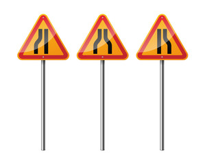 Set of 3 triangular road signs, isolated on white background. EPS10 vector illustration.