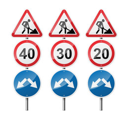Set of 3 road signs, isolated on white background. Road works. Speed limit. Pointer. EPS10 vector illustration.