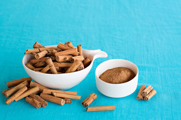 Sri Lanka real cinnamon on blue background 