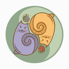 Yin-Yang sign or symbol with cats and wool thread bolls. Pastel colors. Cute and funny style. Vector concept illustration, t-shirt, bag or accessories print for cat lovers and fans.