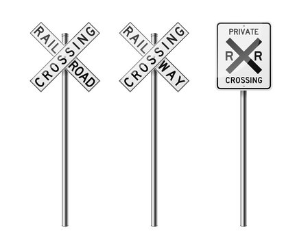 Set of 3 road signs, isolated on white background. Railway. EPS10 vector illustration.