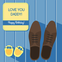 Happy birthday for father. Greeting card design with man shoes and baby booties, vector illustration