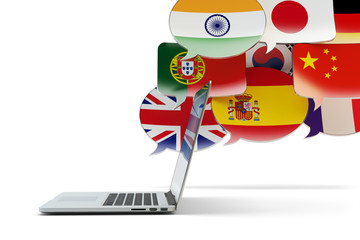 Global communication technology, translation and online messaging concept, speech bubbles with national flags of world countries and modern laptop computer isolated on white