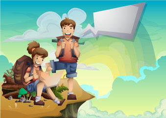 Cartoon vector landscape on the theme of adventures and outdoor recreation with separated layers