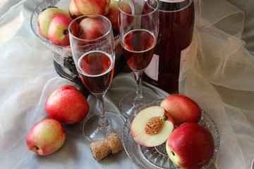 Glasses of champagne and nectarines..