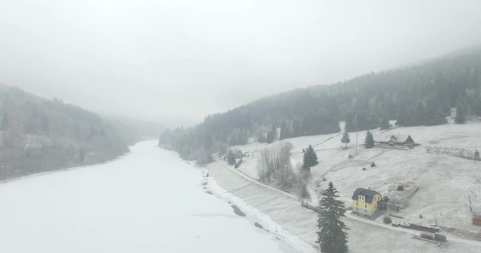 Aerial: Storage lake of Spindler Mill, Czech Republic in winter