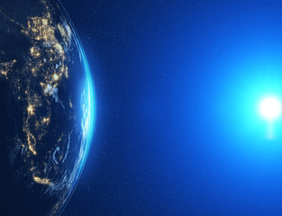 Highly detailed epic moon over world skyline. Planet earth Europe zone with night time city. 3D Rendering animation using satellite imagery (NASA)