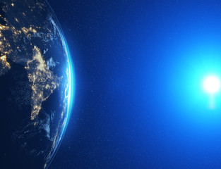 Highly detailed epic moon over world skyline. Planet earth Europe zone with night time city. 3D Rendering animation using satellite imagery (NASA)