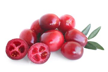 Big ripe cranberries with leaves