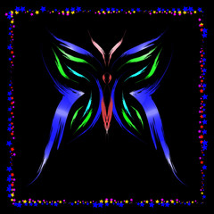 Neon Butterfly. Butterfly of colored strokes on a black background in a frame of the stars
