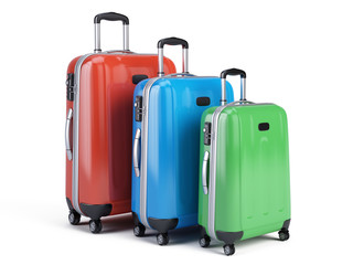 3d icon of three travel luggage bags isolated on white. 3d render