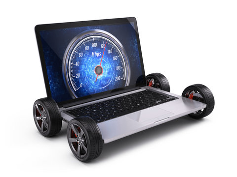 3d illustration of Laptop on wheels with network speedometer - high speed internet conncection concept