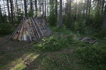 Stone age tent and fireplace in Naesaaker in Sweden