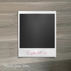 Polaroid frame lies on a wooden table. Photo template with shadow effect. Vector illustration - 116496602
