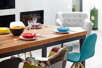 Modern dining room with dining table.  Small depth of field