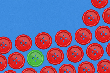 Fototapeta premium green button amongst group of red Buttons - Make a difference co